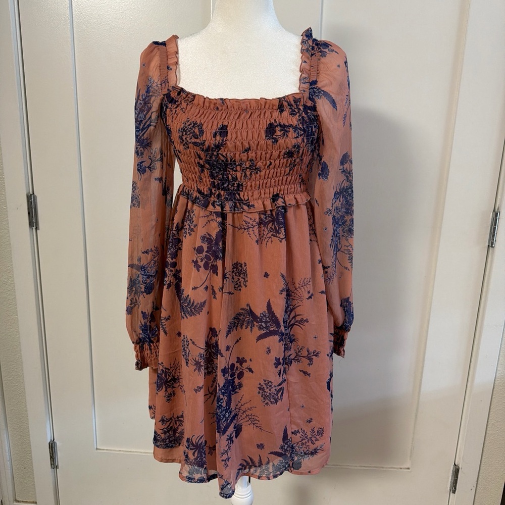 ASOS Smocked Square-Neck Long Sleeve Dress in Dusty Rose with Navy Floral